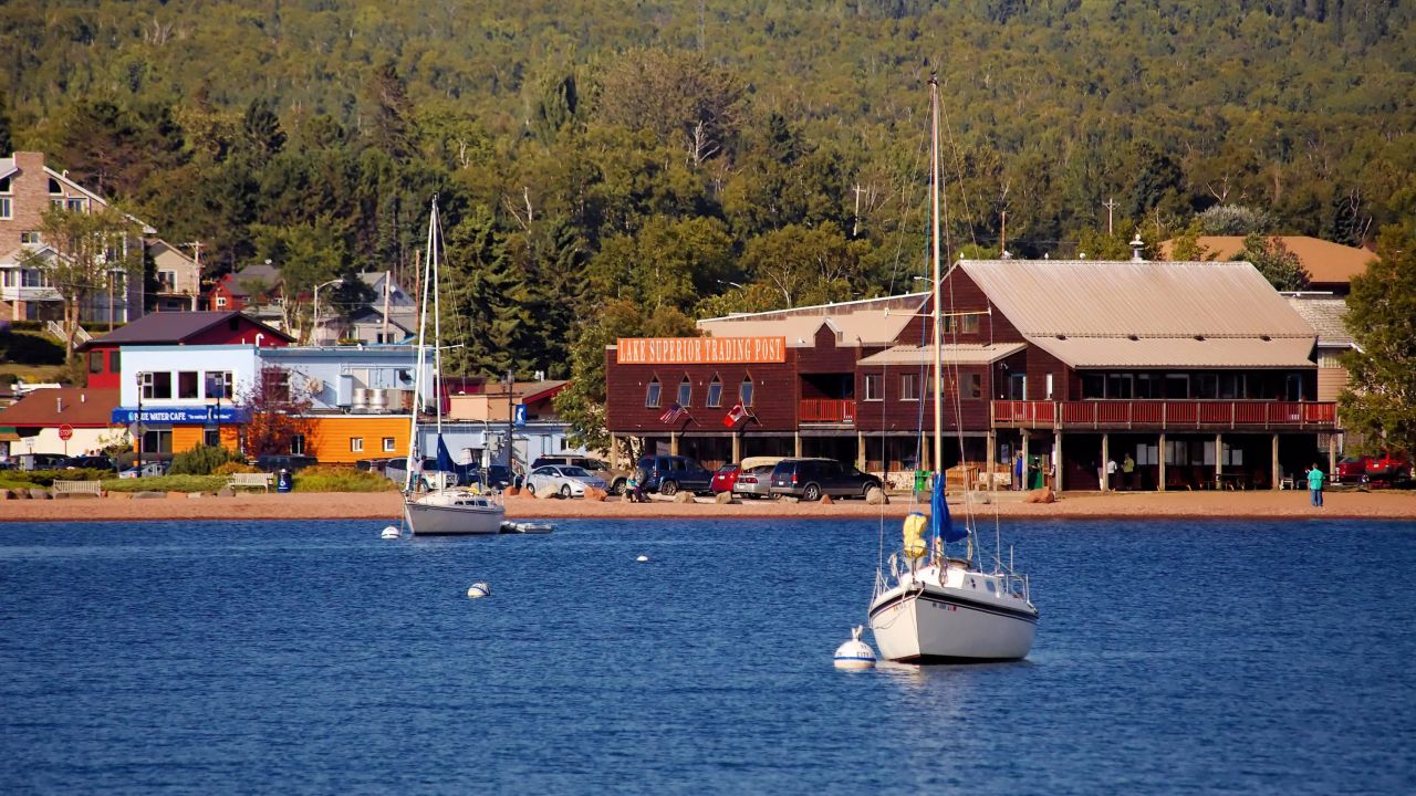 The Grand Marais harbor as seen from Lake Superior