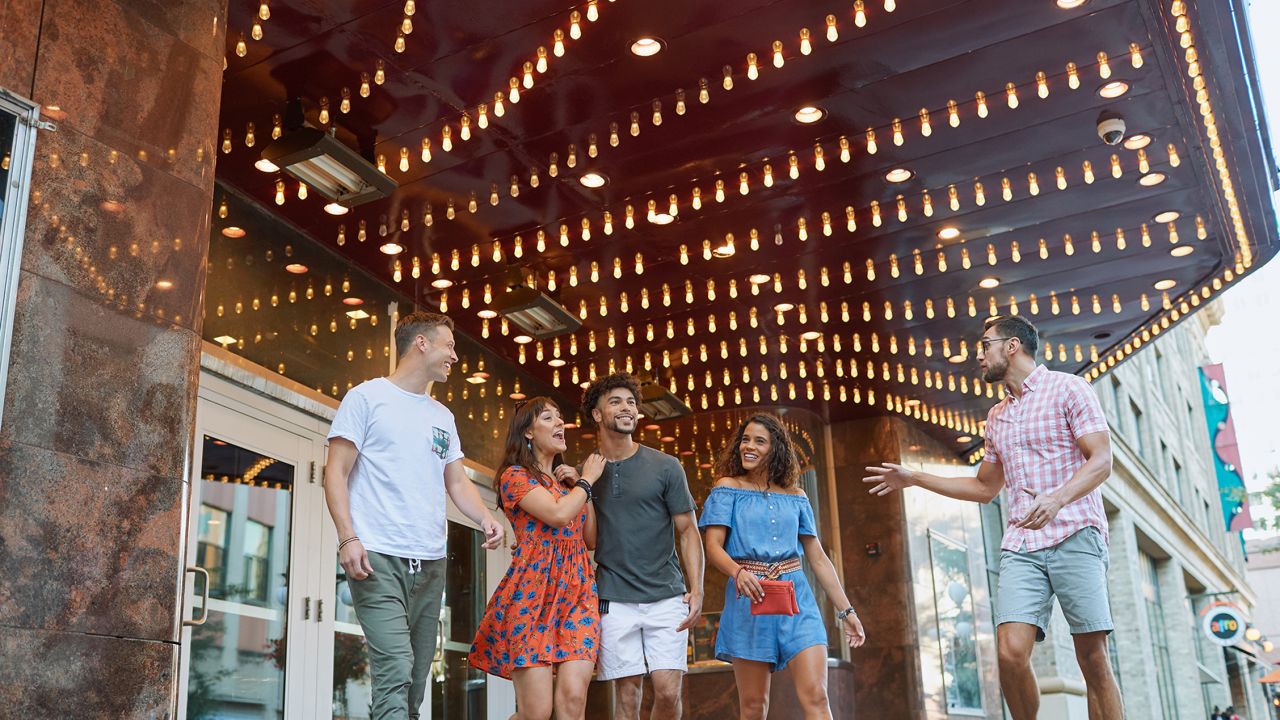 Friends leaving the Palace Theatre in St. Paul