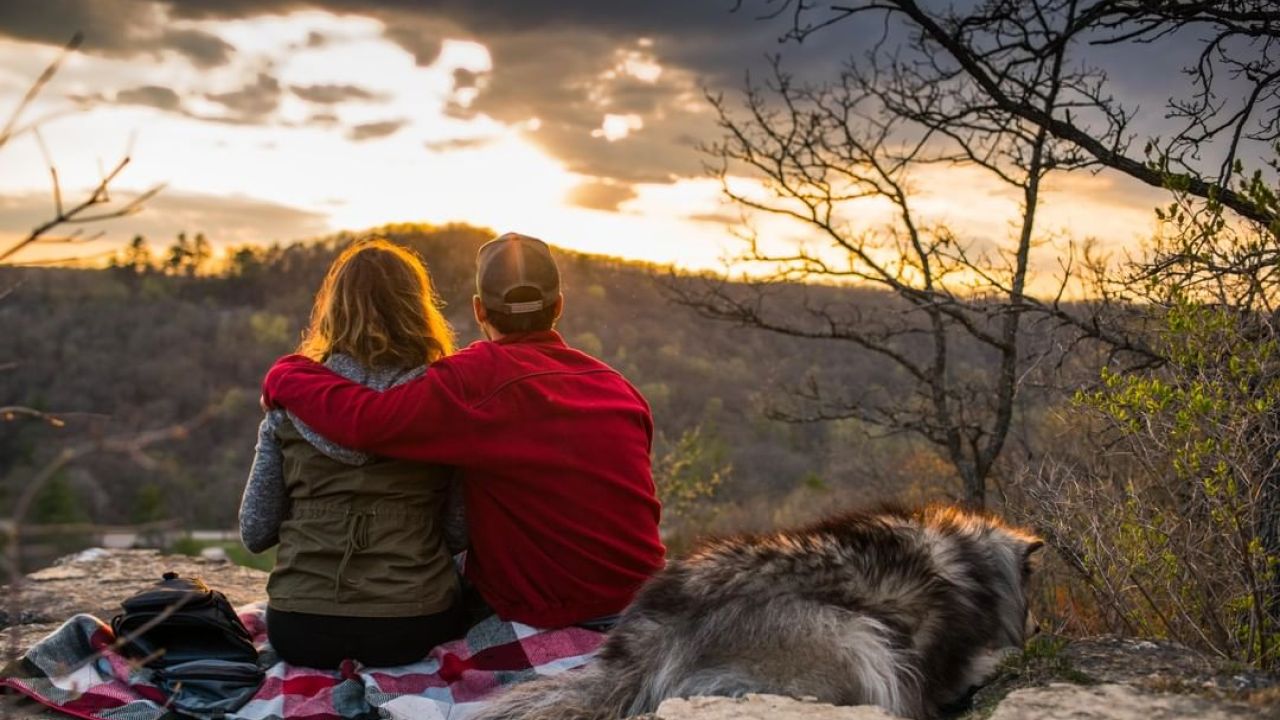 Couple and dog on scenic overlook