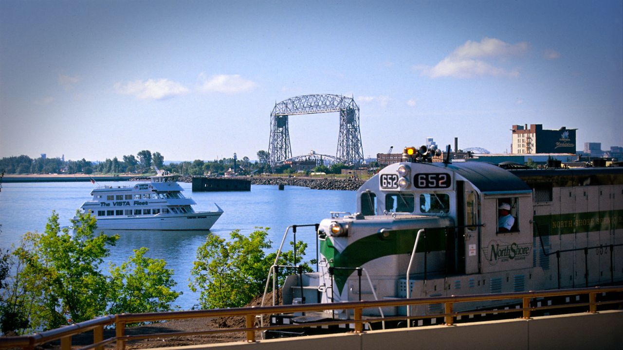 Duluth waterfront with train, boat and lift bridge