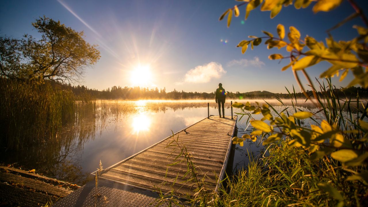 Man standing on the end of a dock, overlooking a lake in central Minnesota