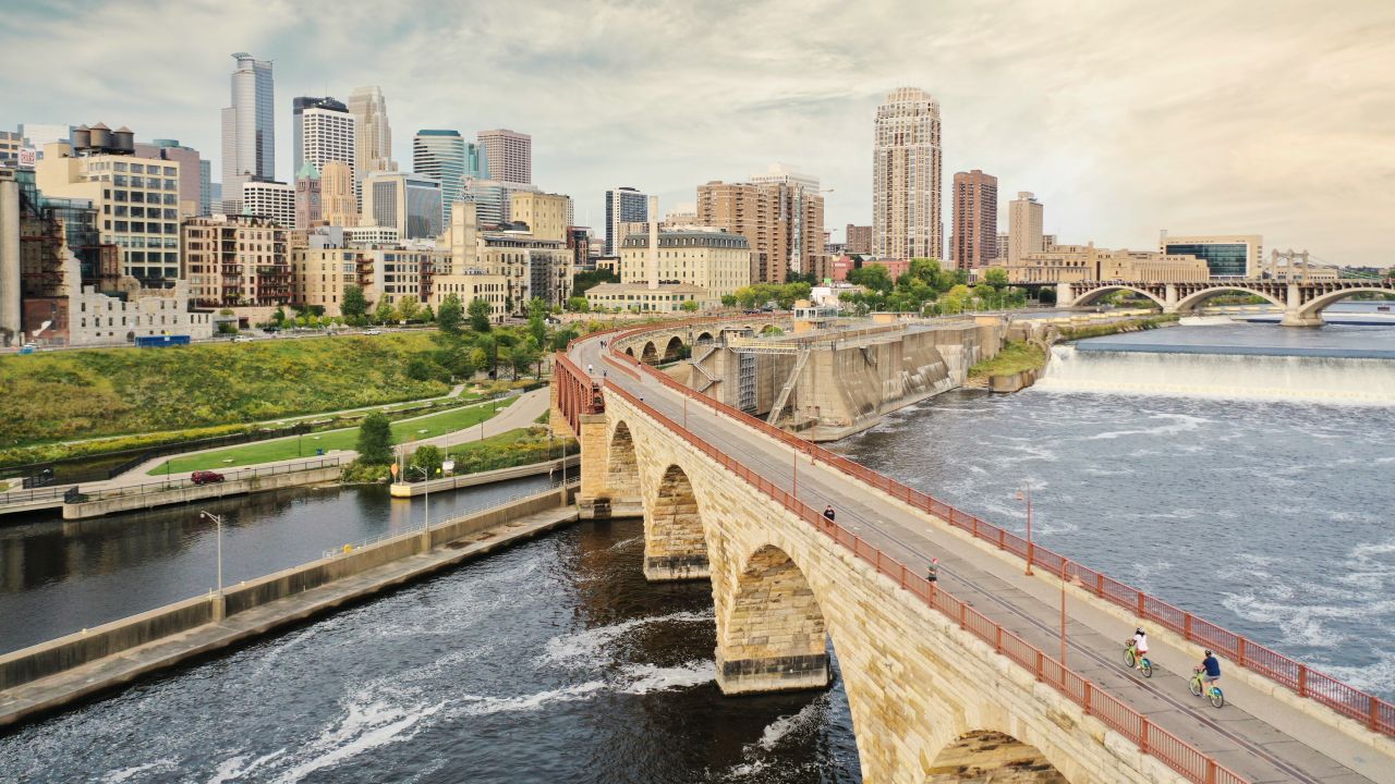 Aerial shot of Downtown Minneapolis Skyline and Stone Arch Bridge