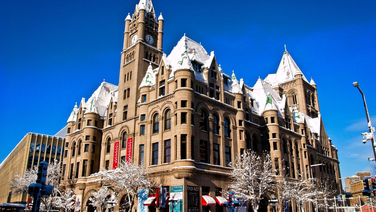 The Landmark Center in downtown St. Paul, covered with a light dusting of snow