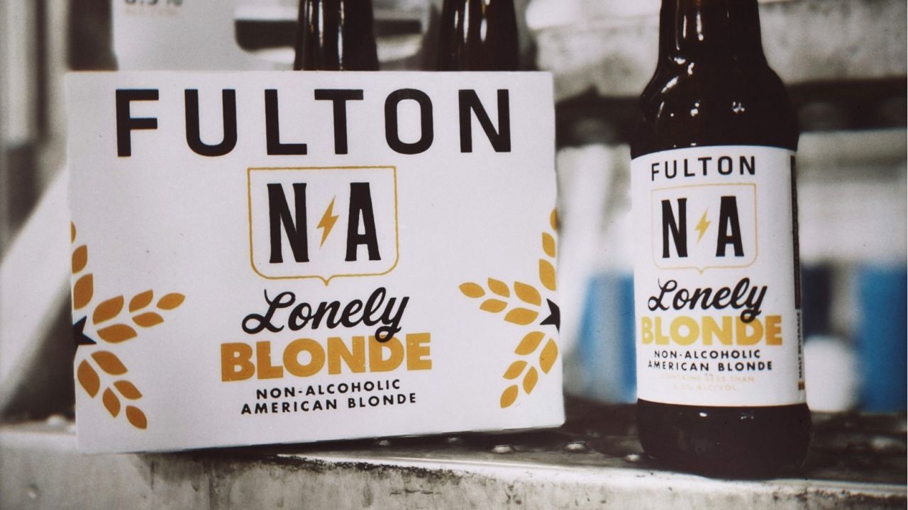 A six pack of Fulton's nonalcoholic Lonely Blonde beer