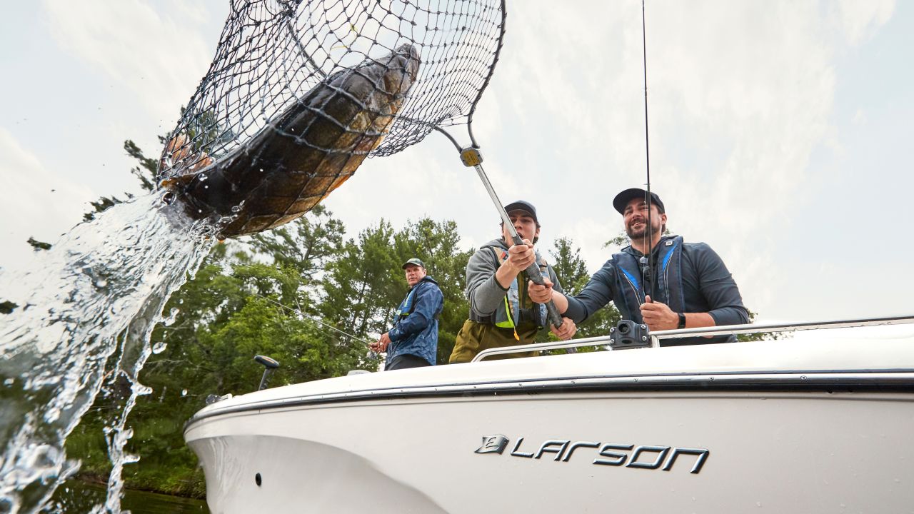 Catching a large fish in a net off the side of a boat