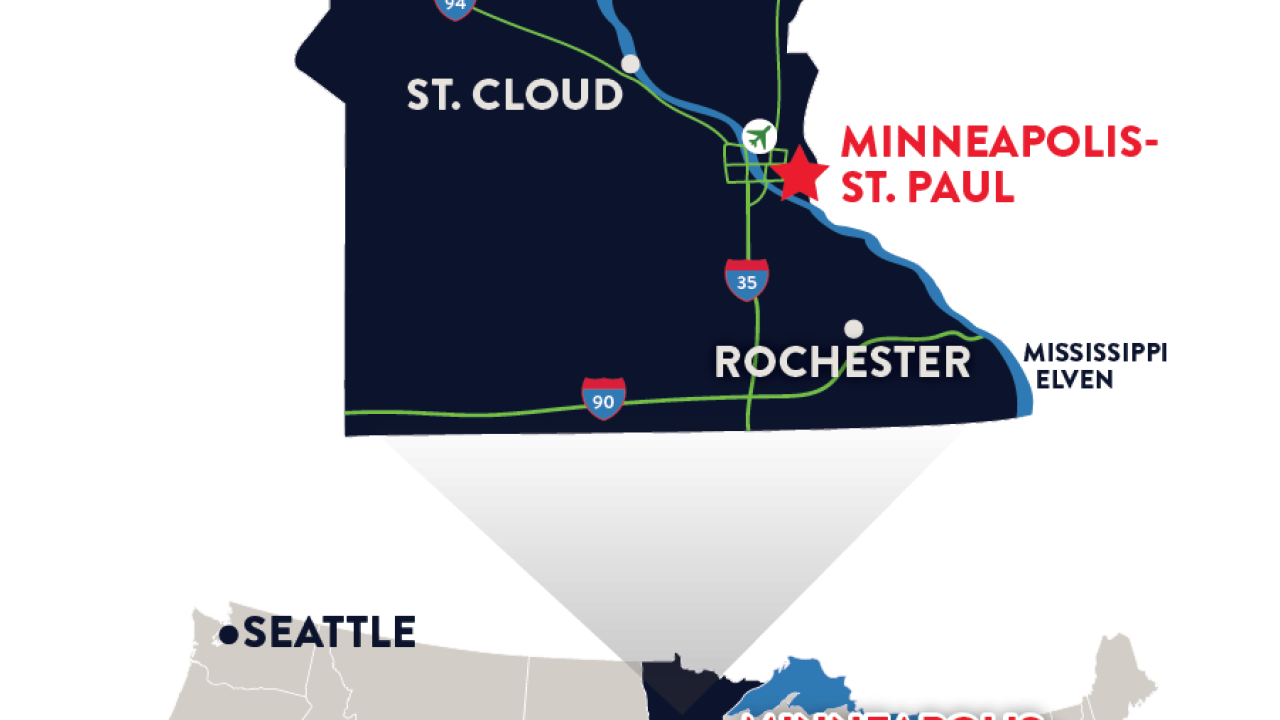 Et kart over Minnesota som viser nærheten til større byer, tettsteder og severdigheter i Minneapolis/St. Paul