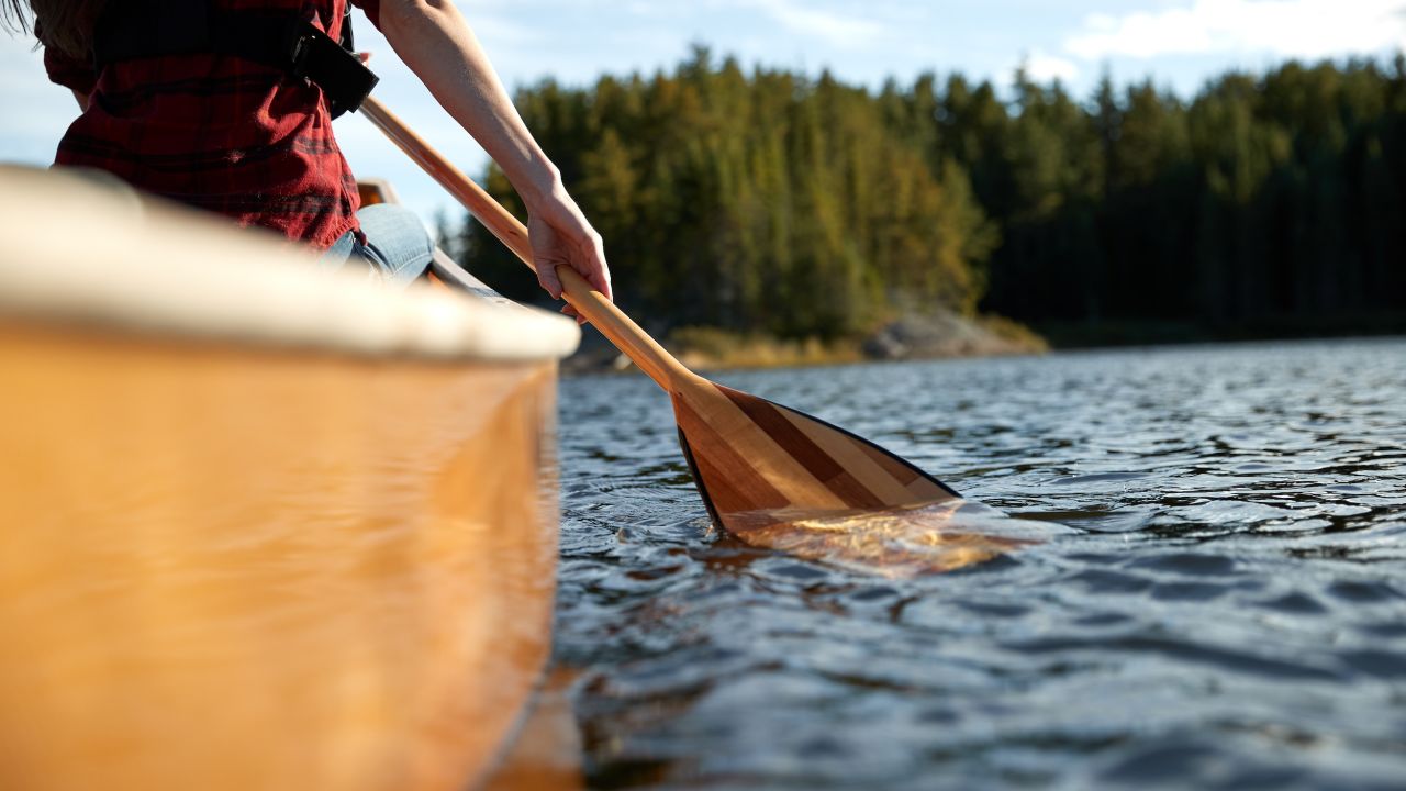 Close up of an oar and side of canoe in the Boundary Waters