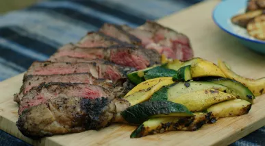 Coffee Rub Ribeye with Cowboy Chips and Grilled vegetables