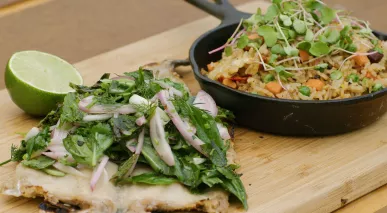 Grilled Rainbow Trout with Herbed Salad and Fried Rice