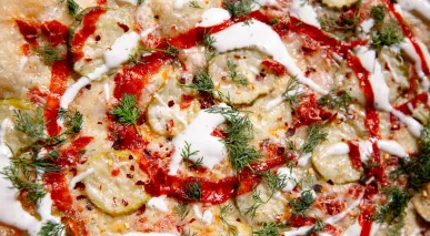 A detail shot of Hayden Haas' Dill Pickle Pizza recipe