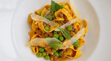 Alma's tagliatelle with lamb ragu, peas, mint and pecorino