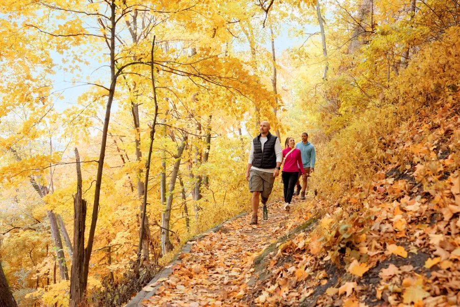 A group of friends hike in the fall at Frontenac State Park