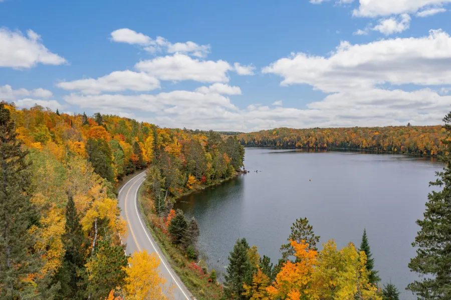 An aerial shot of the Great River Road in fall 