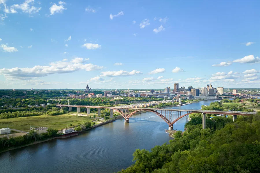 A drone shot of the Mississippi River in St. Paul 
