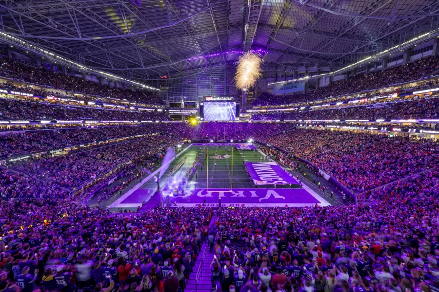 A football game between the Vikings and 49ers at U.S. Bank Stadium