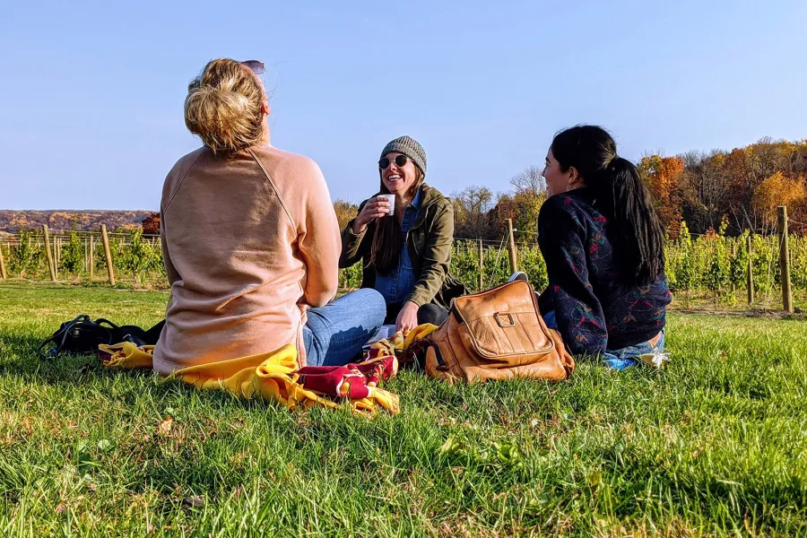 A group of friends sit in the grass at Rustic Roots Winery