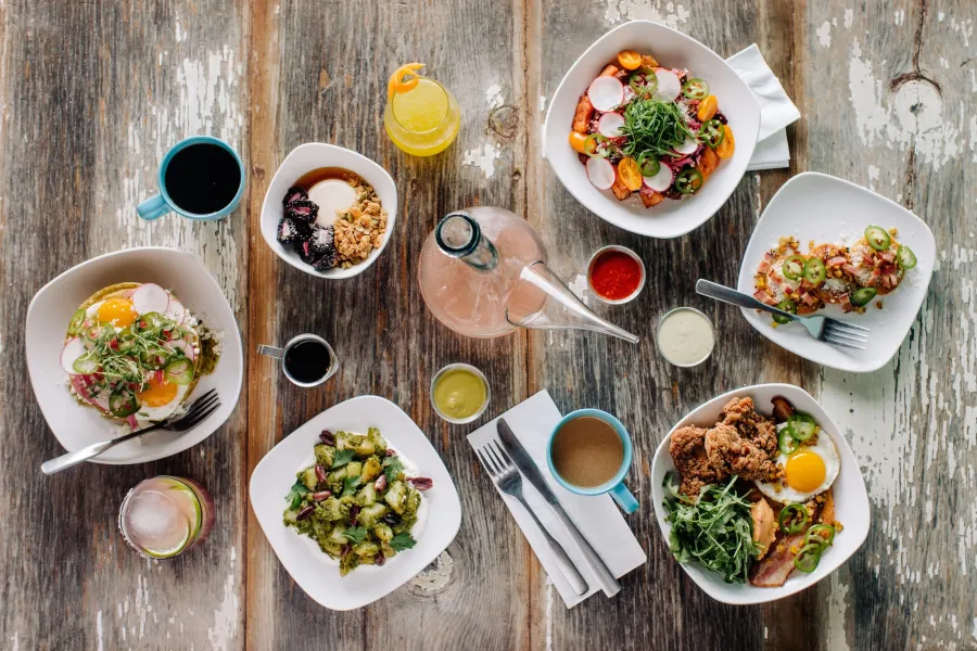 A brunch spread at Hola Arepa