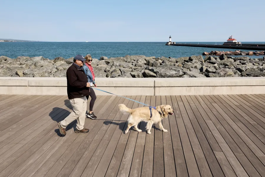 A couple walks their dog in Canal Park