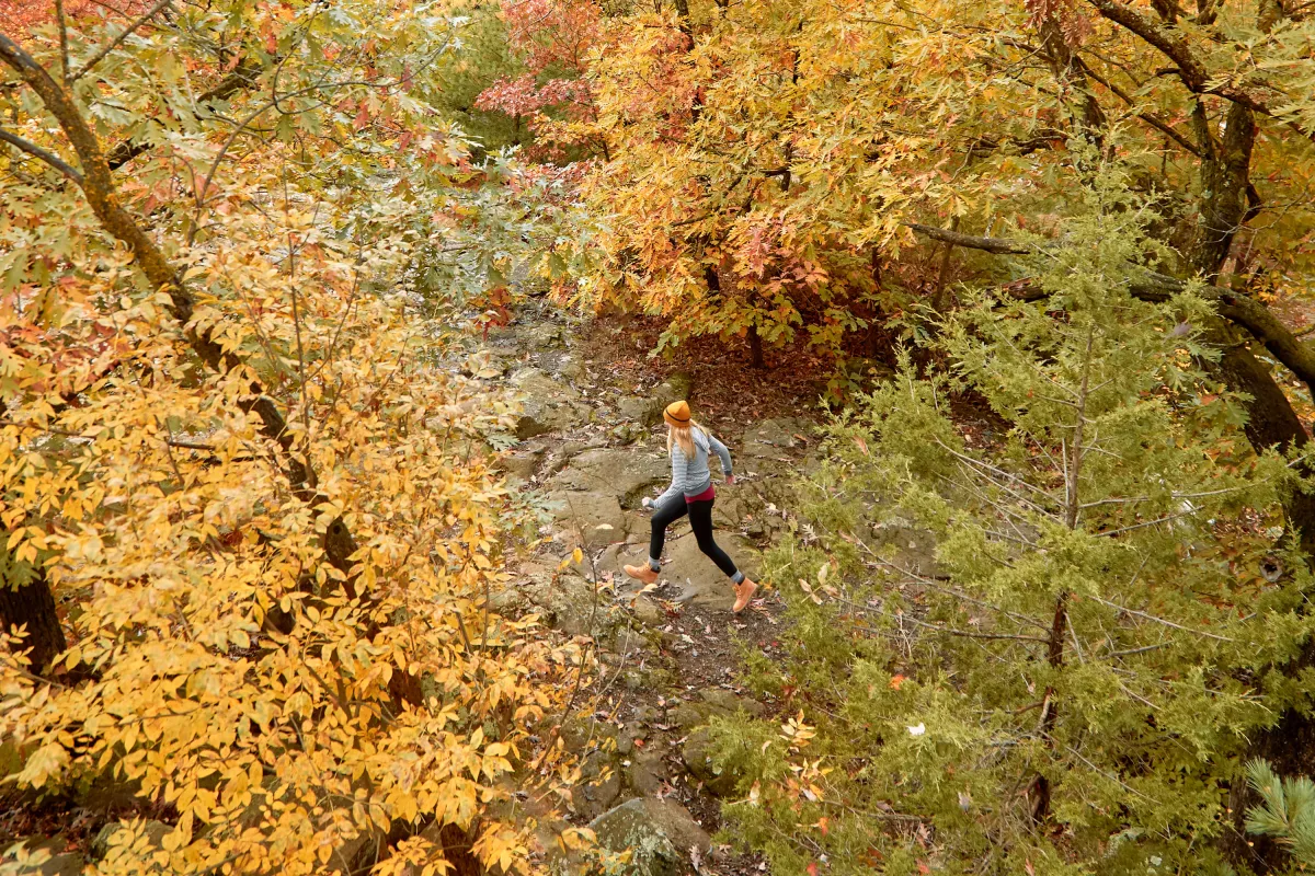 Woman hiking at Afton State Park in the fall