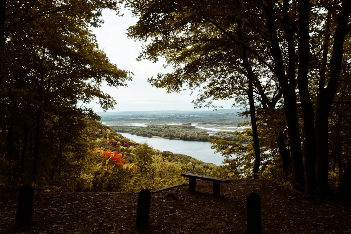 Looking out over the Mississippi River from a scenic overlook at Great River Bluffs State Park