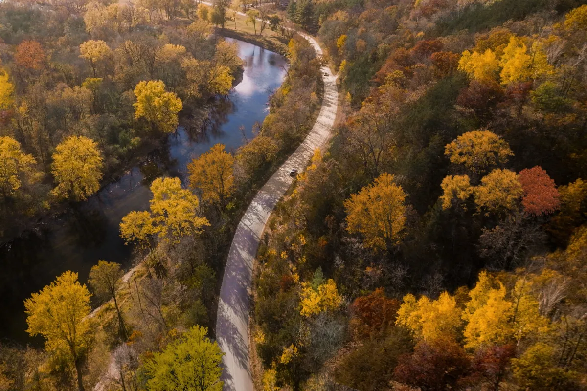 An aerial shot of a fall drive through Frontenac State Park