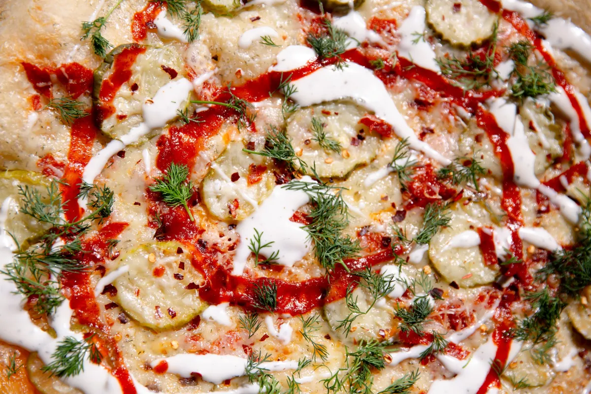 A detail shot of Hayden Haas' Dill Pickle Pizza recipe