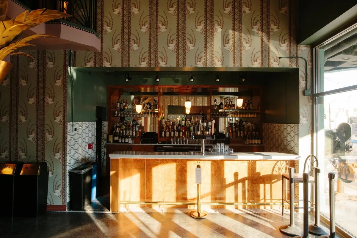 The bar in the beautifully restored lobby of Parkway Theater