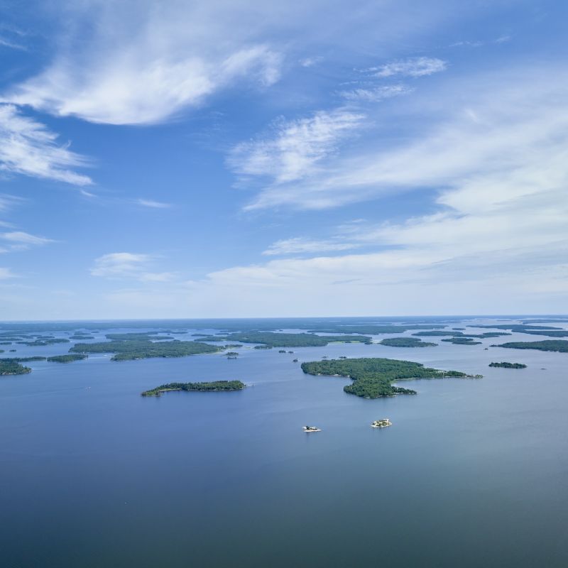 A drone shot of Lake of the Woods