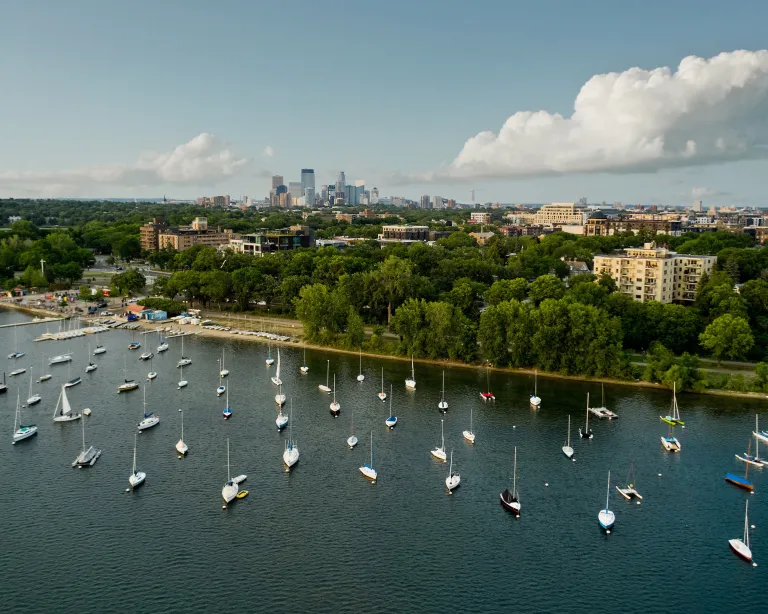 Boats along Bde Maka Ska in the Chain of Lakes