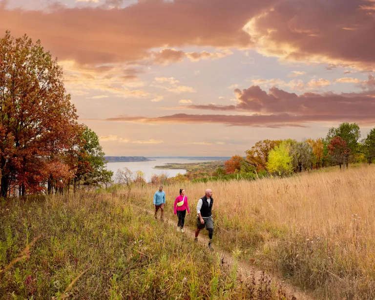 A group of friends hike at Frontenac State Park